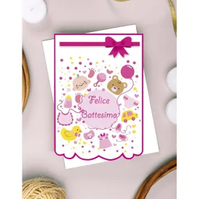 Biglietto Felice Battesimo - Giocattoli Rosa - Stampa Offset