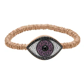 Bracciale design in oro rosso con occhio in rubini,diamanti bianchi e neri