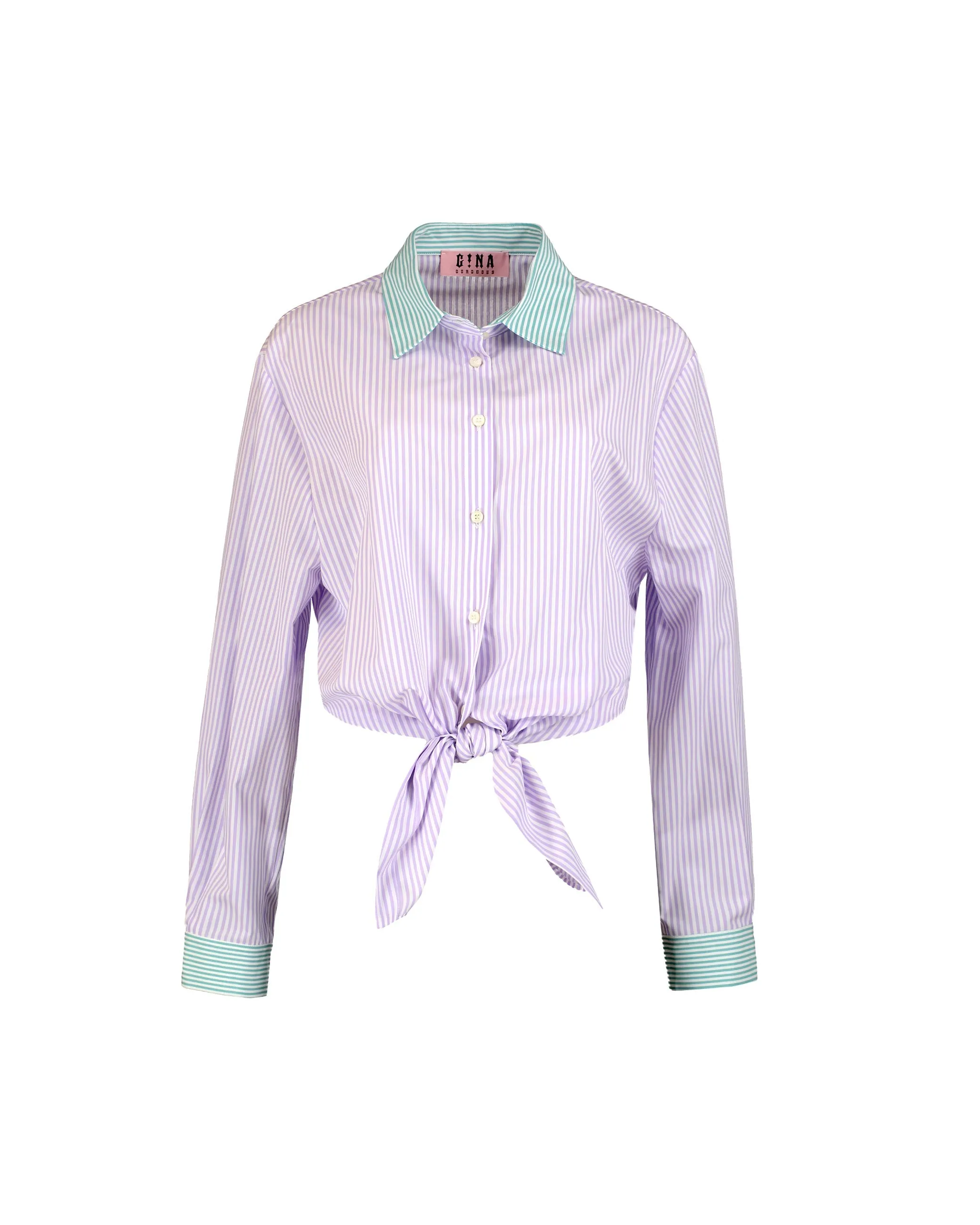 Camicia crop con nodo righe lilla
