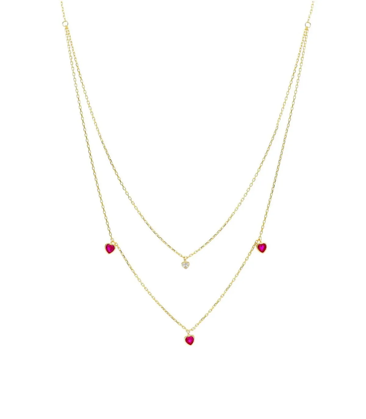 Collana Doppia Cuori Oro Giallo 18kt e Zirconi