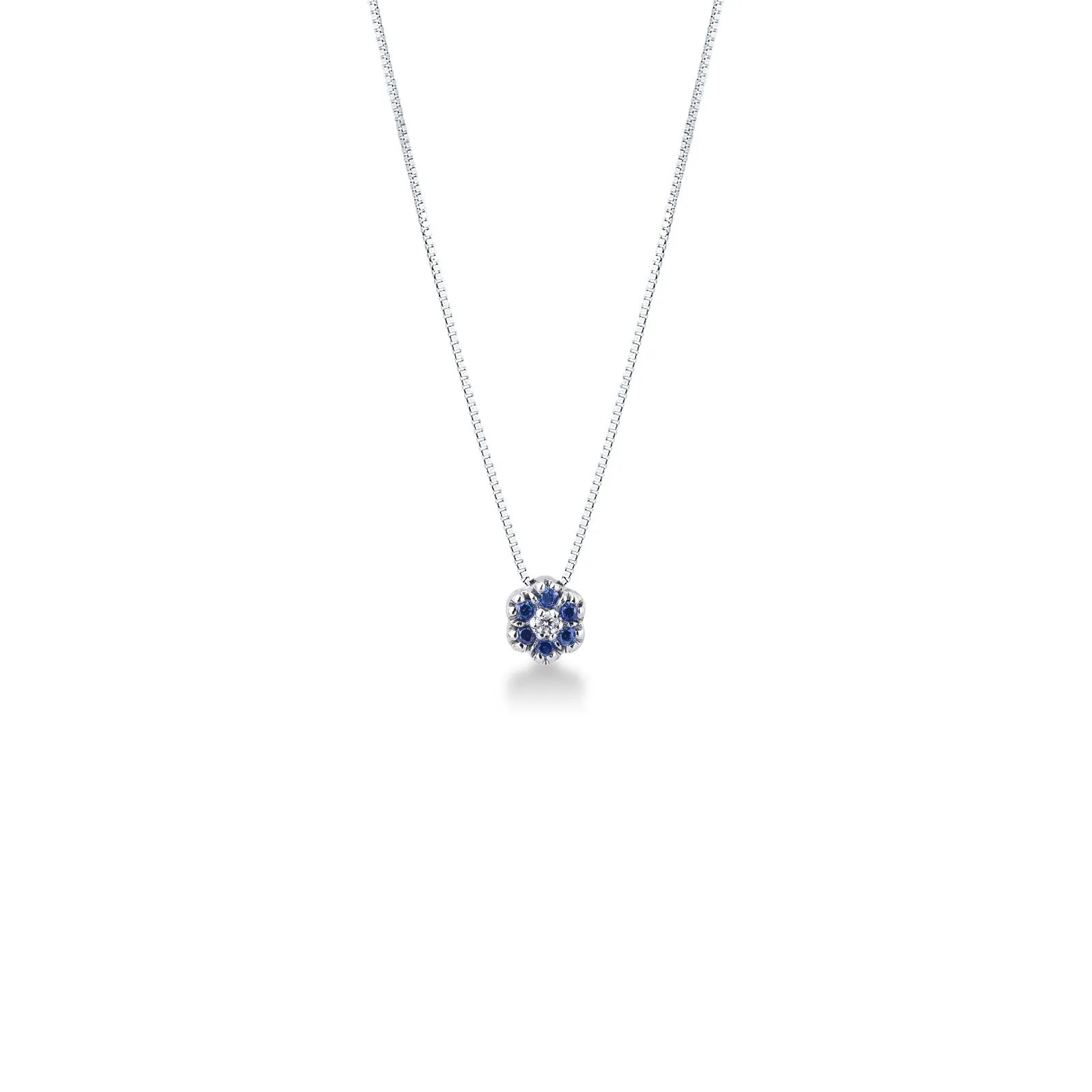 Collana in oro bianco 18k con fiore in zaffiri blu e diamante, 6 mm.