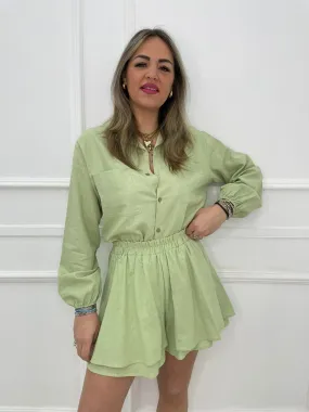 Coordinato 2 pezzi in lino con shorts scampanato