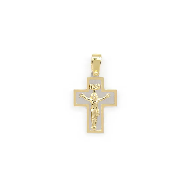 Croce bicolore in oro giallo e oro bianco con Gesù