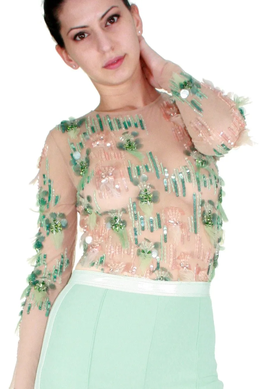 ELISABETTA FRANCHI Body in tulle con ricami e applicazioni di piume e strass colore Cipria / Acquamarina